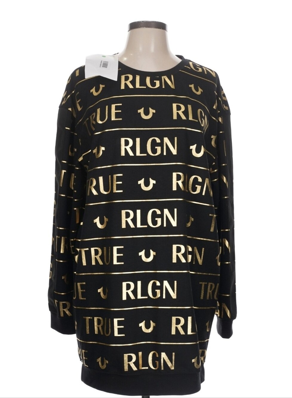 NWT $129 True Religion Long Sweatshirt Dress Womens L Allover Foil Logo Spellout